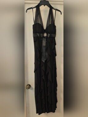 Bets & Adam Black Maxi Halter Ruffle Gown with Decorative Brooch